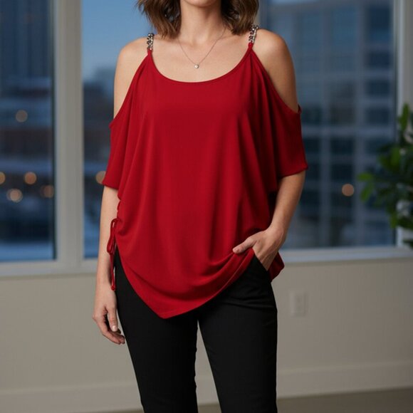 Michael Michael Kors Red Cold Shoulder Chain Detail Blouse – Women's Size M - Picture 1 of 5